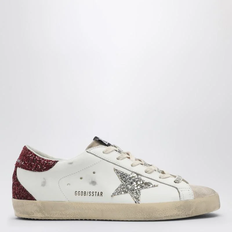 Golden Goose Super-Star Sneaker With Burgundy/Silver Glitter