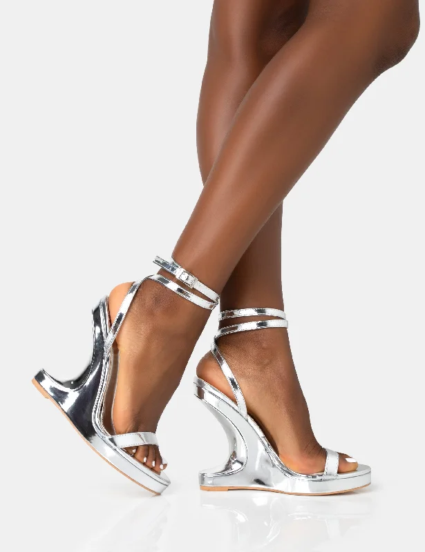 A-list Silver Mirror Barley There Wrap Around Platform Wedge Heels