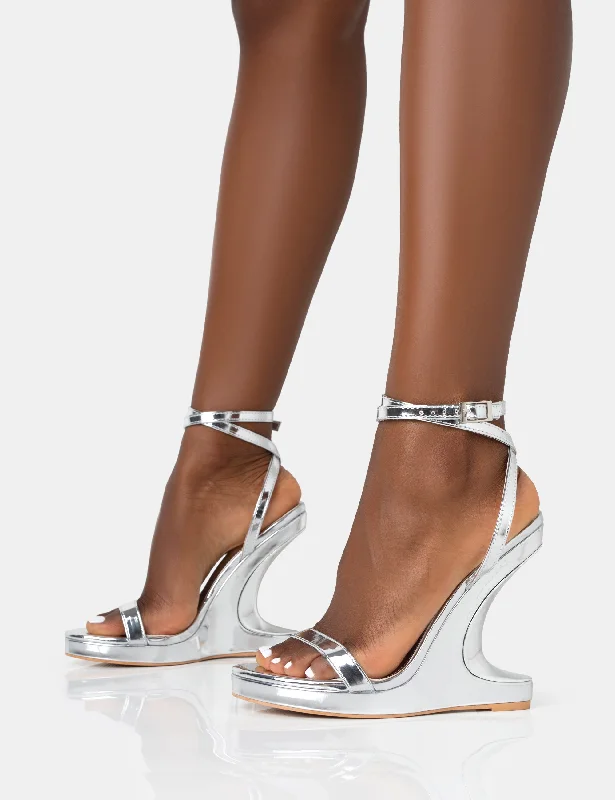 A-list Silver Mirror Barley There Wrap Around Platform Wedge Heels