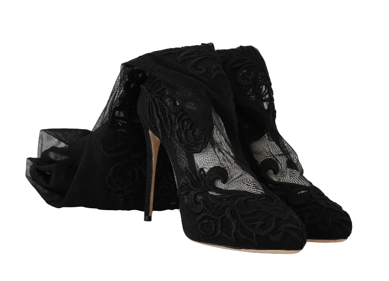 Black Floral Lace Booties Heels