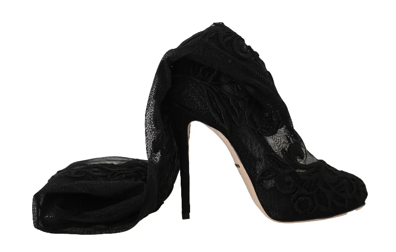 Black Floral Lace Booties Heels