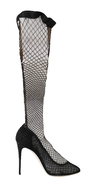 Black Netted Sock Heels Pumps