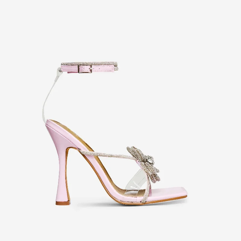 Fancy Diamante Flower Detail Clear Perspex Strap Square Toe Flared Heel In Light Pink Patent