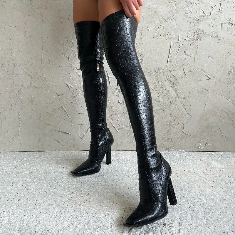 Isac Black Faux Croc Print Block Heel Over The Knee Boots