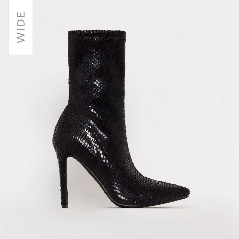 Karma Wide Fit Black Snake Print Stiletto Ankle Boots