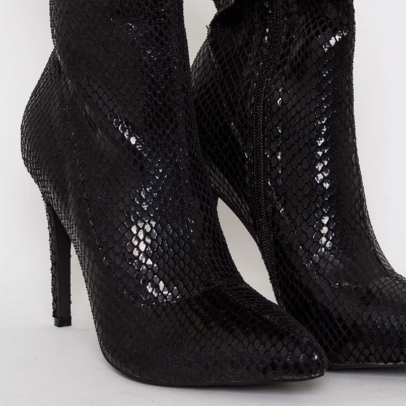 Karma Wide Fit Black Snake Print Stiletto Ankle Boots