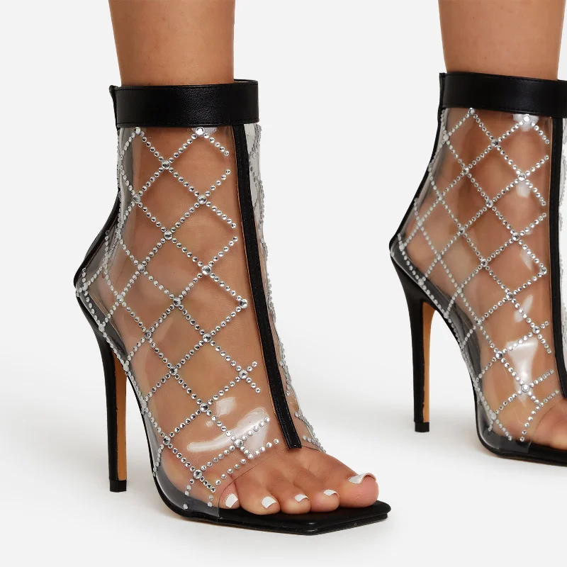 Linked Clear Perspex Diamante Diamond Detail Square Toe Stiletto Heel In Black Faux Leather