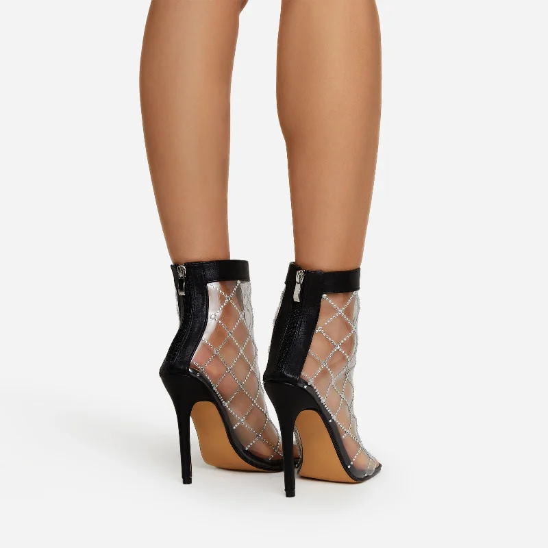 Linked Clear Perspex Diamante Diamond Detail Square Toe Stiletto Heel In Black Faux Leather