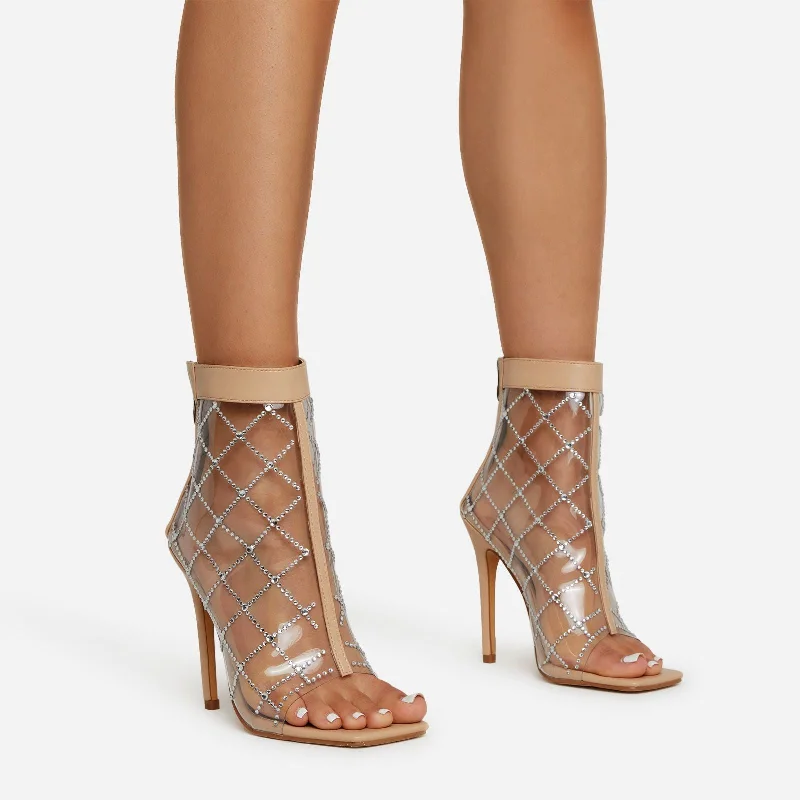 Linked Clear Perspex Diamante Diamond Detail Square Toe Stiletto Heel In Nude Faux Leather