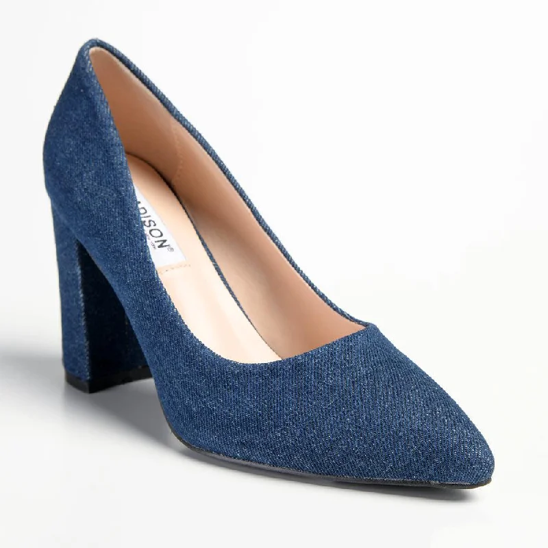 Madison Bora Low Block Heel Court - Dark Blue Denim