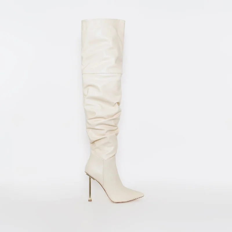 Oleen Stone Ruched Stiletto Thigh High Boots