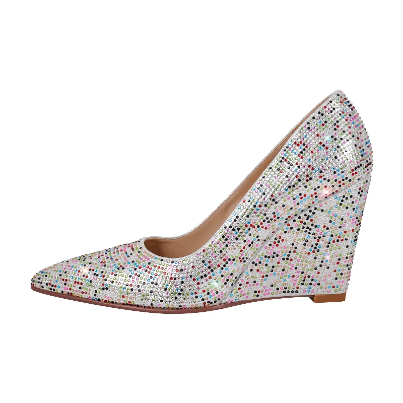 Rhinestone Pointed Toe Wedge Heel Pumps