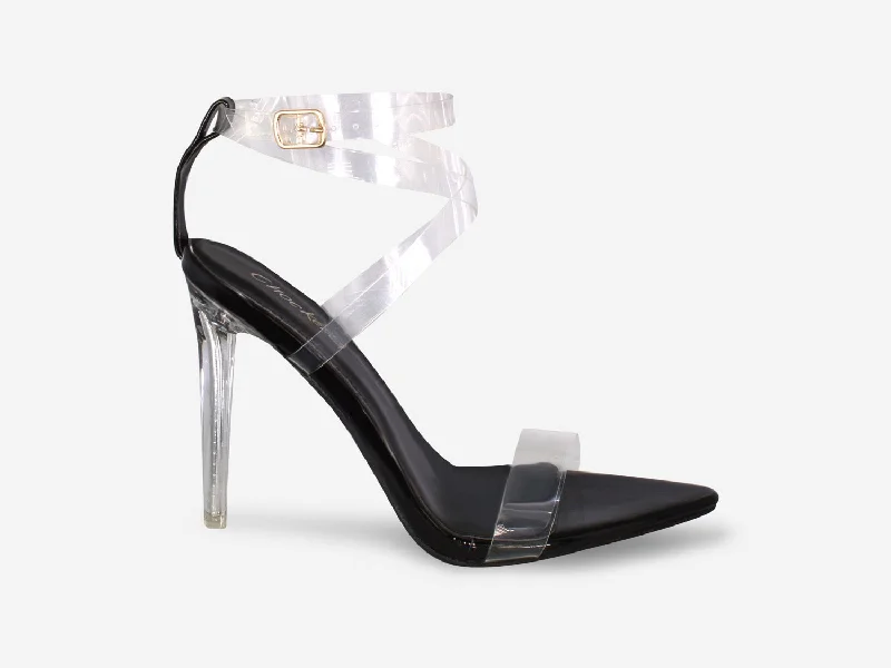 Whitney - Black Patent Perspex Straps Clear Heel