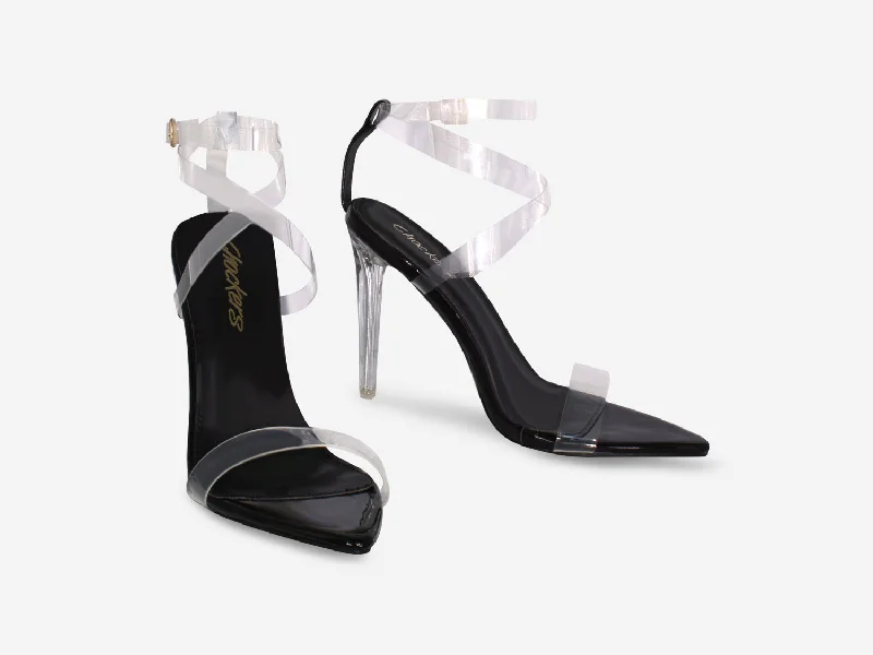 Whitney - Black Patent Perspex Straps Clear Heel