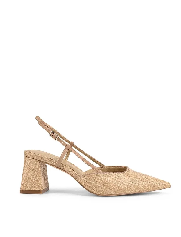 Yasmine Slingback Heels - Almond Leather & Natural Raffia