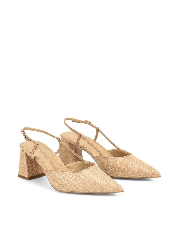 Yasmine Slingback Heels - Almond Leather & Natural Raffia