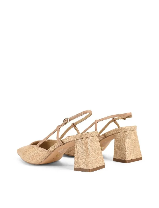 Yasmine Slingback Heels - Almond Leather & Natural Raffia