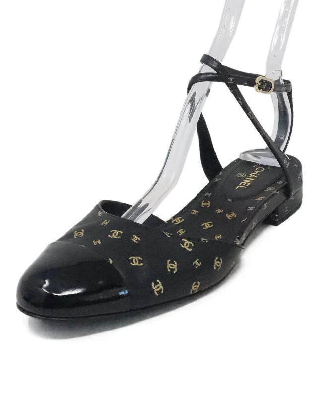 Chanel Black & Gold Logo Print Flats sz 8.5