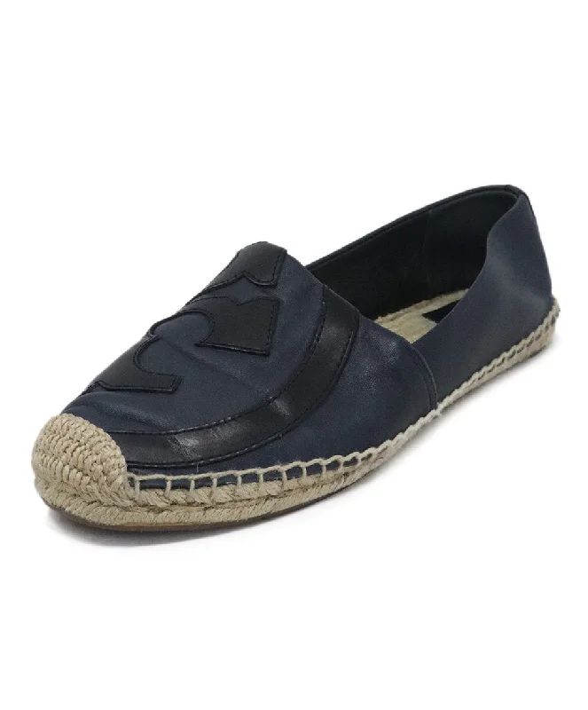 Tory Burch Black & Navy Leather Espadrilles Flats sz 10