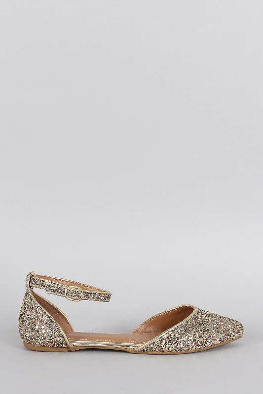 Bamboo Glitter Encrusted Pointy Toe Ankle Strap Dorsay Flat