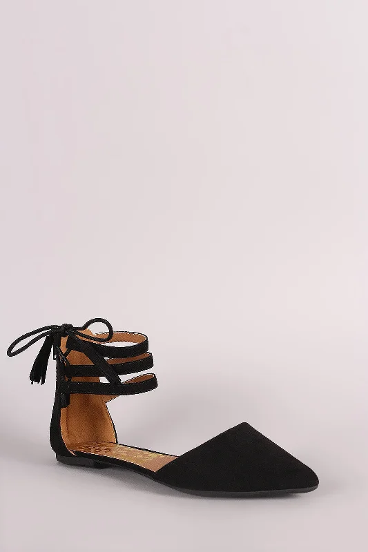 Qupid Suede Triple Ankle Strap Lace-Up Dorsay Flat