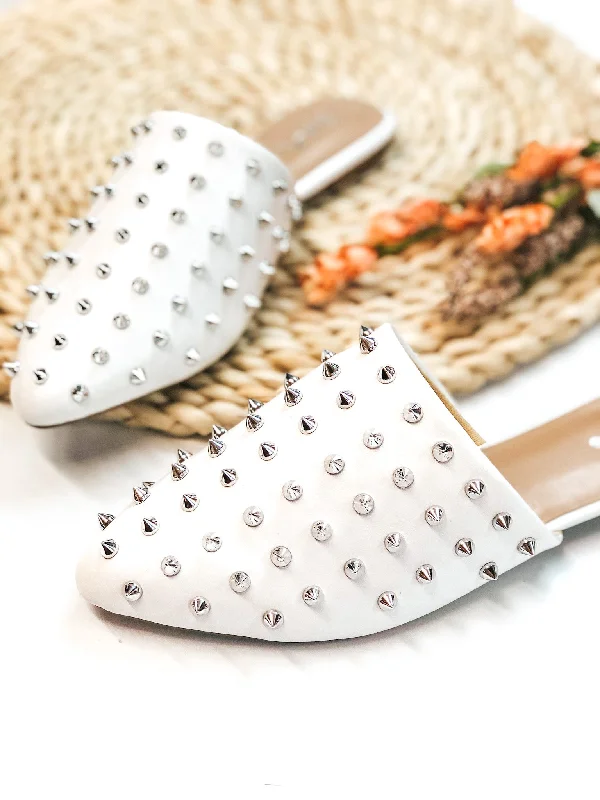 Uptown Girl Silver Spiked Slide On Mules in White