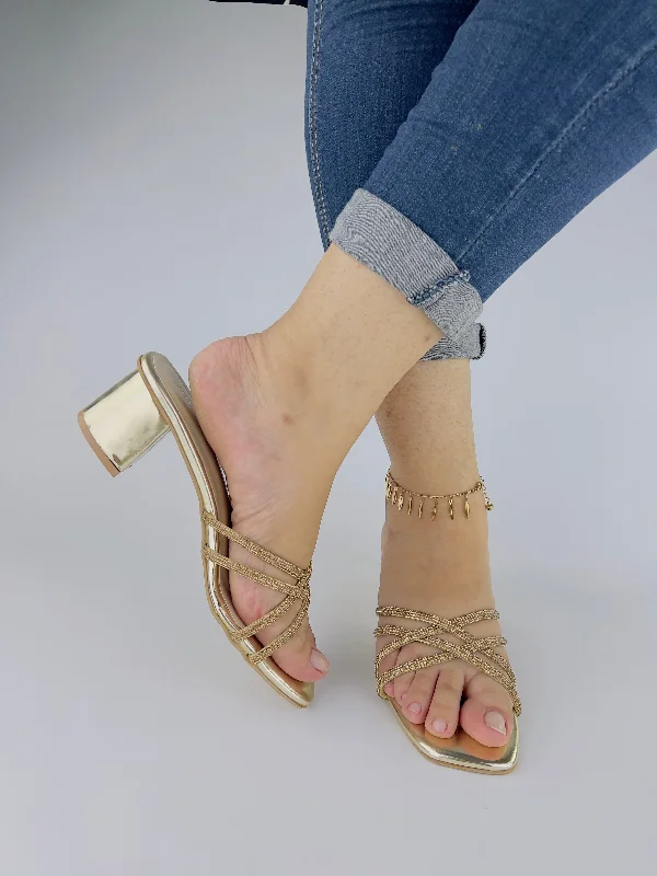 Alba Golden Rhinestone Cross Chained Strap Block Heel Sandals