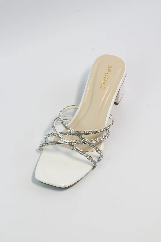 Alba Rhinestone Decor White Chunky Medium Heel