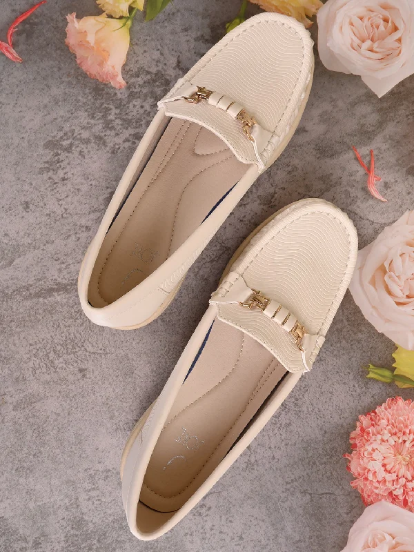 Women Beige Solid Wedge Heel Loafers