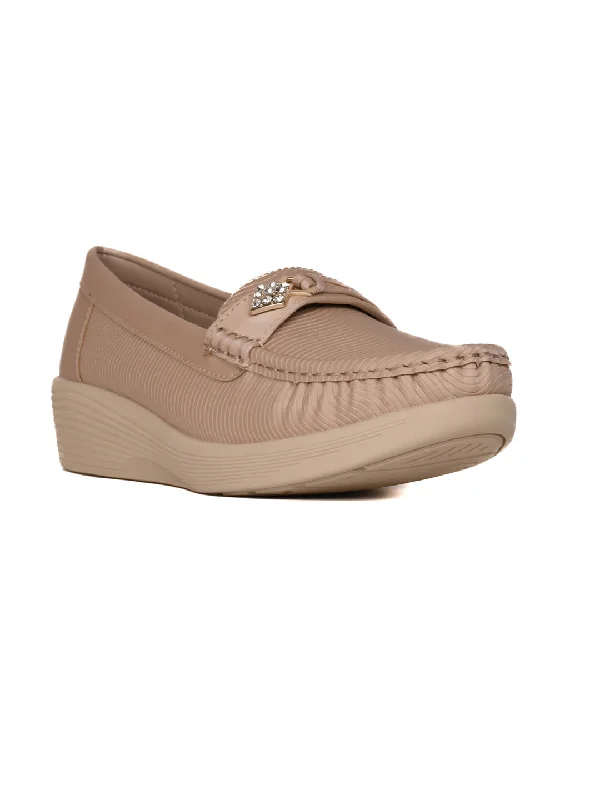 Women Beige Textured Wedge Heel Loafers