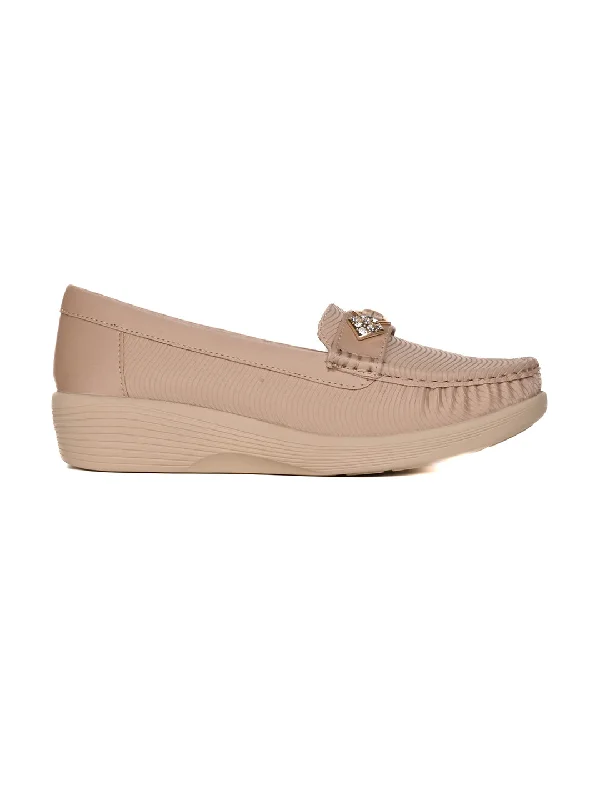 Women Beige Textured Wedge Heel Loafers