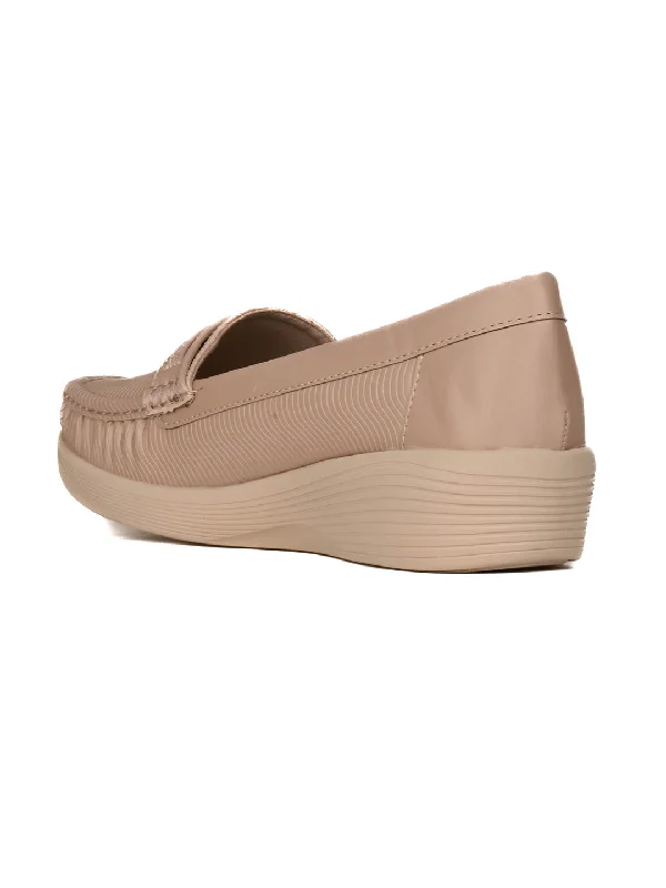 Women Beige Textured Wedge Heel Loafers