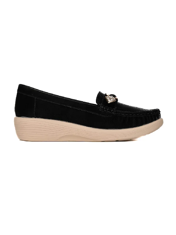 Women Black Textured Wedge Heel Loafers