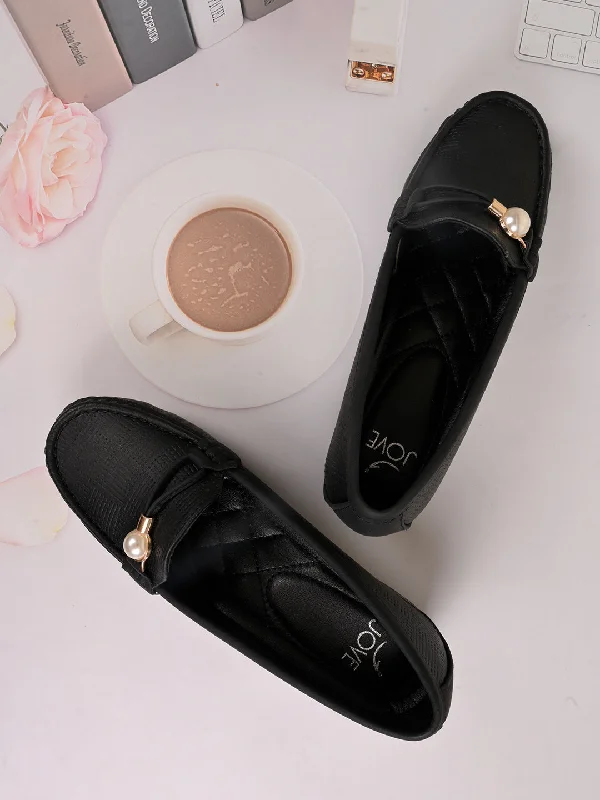 Women Black Textured Wedge Heel Loafers