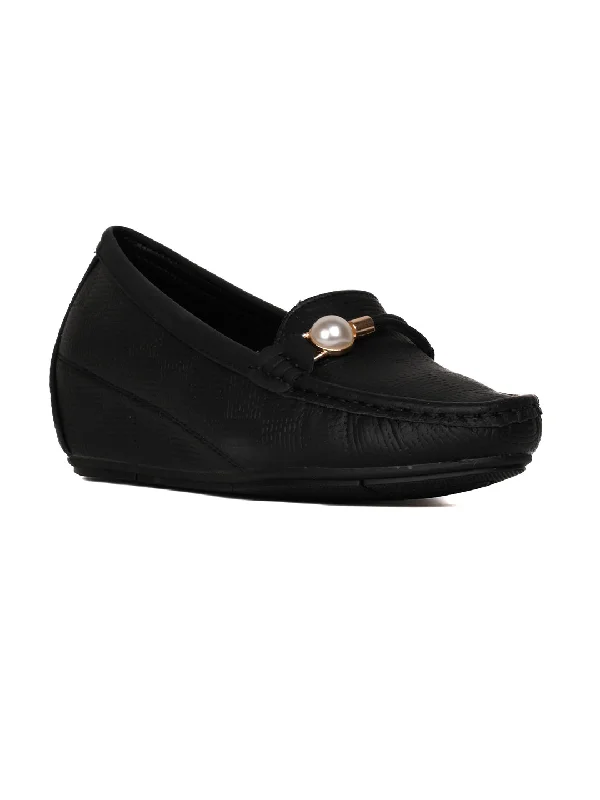 Women Black Textured Wedge Heel Loafers