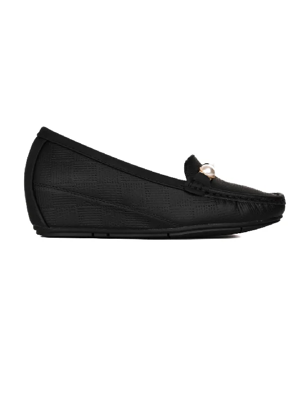 Women Black Textured Wedge Heel Loafers