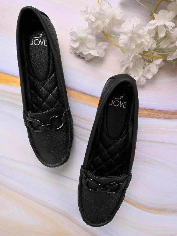 Women Black Textured Wedge Heel Loafers