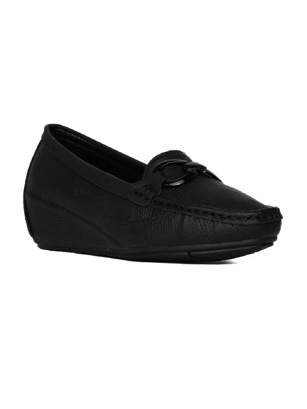 Women Black Textured Wedge Heel Loafers