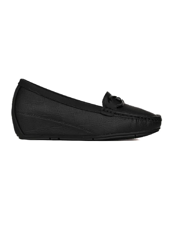 Women Black Textured Wedge Heel Loafers