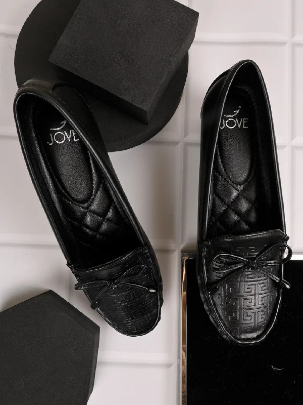 Women Black Textured Wedge Heel Loafers