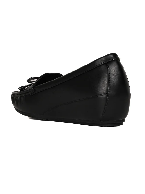 Women Black Textured Wedge Heel Loafers