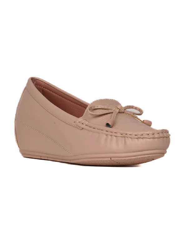 Women Nude Textured Wedge Heel Loafers