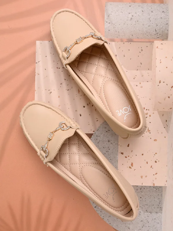 Women Beige Solid Wedge Heel Loafers