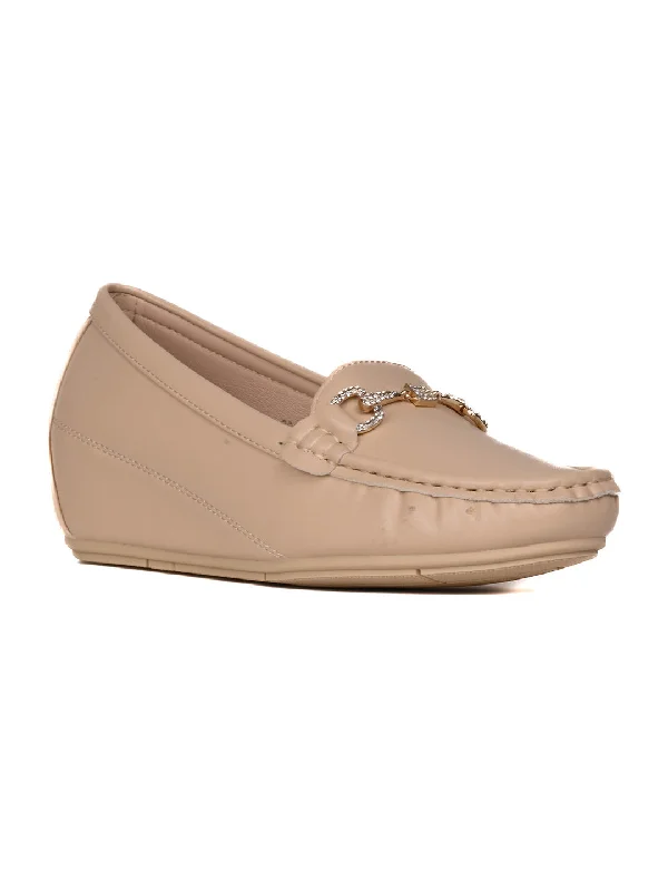 Women Beige Solid Wedge Heel Loafers