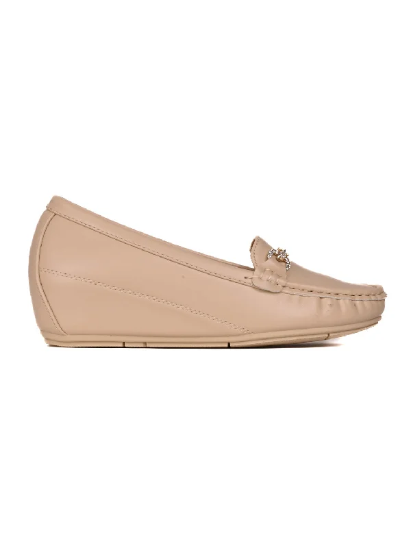 Women Beige Solid Wedge Heel Loafers