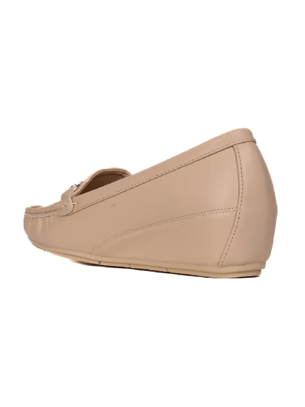 Women Beige Solid Wedge Heel Loafers