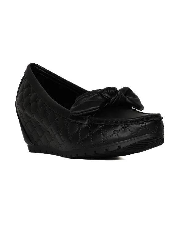 Women Black Textured Wedge Heel Loafers