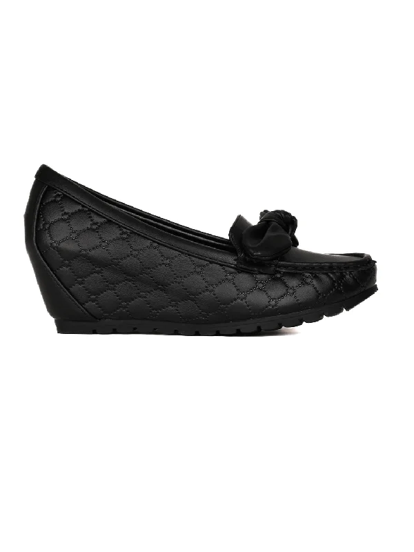 Women Black Textured Wedge Heel Loafers