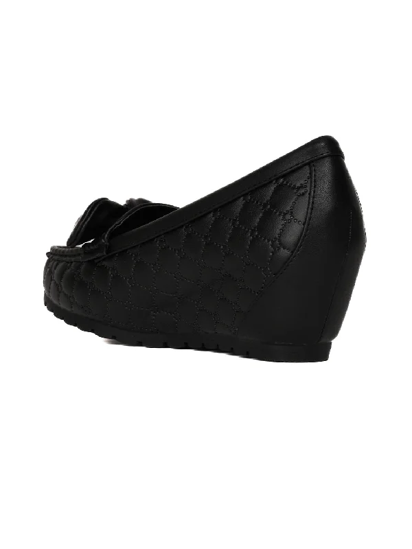 Women Black Textured Wedge Heel Loafers