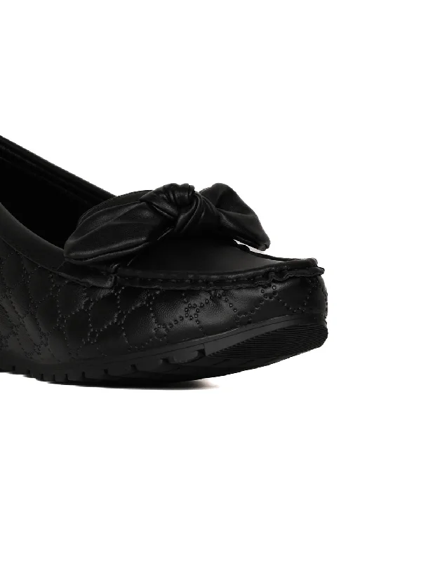 Women Black Textured Wedge Heel Loafers